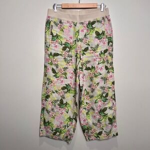 J. Jill Love Linen Pants Womens SMALL Beige Floral Tropical Wide Leg EUC